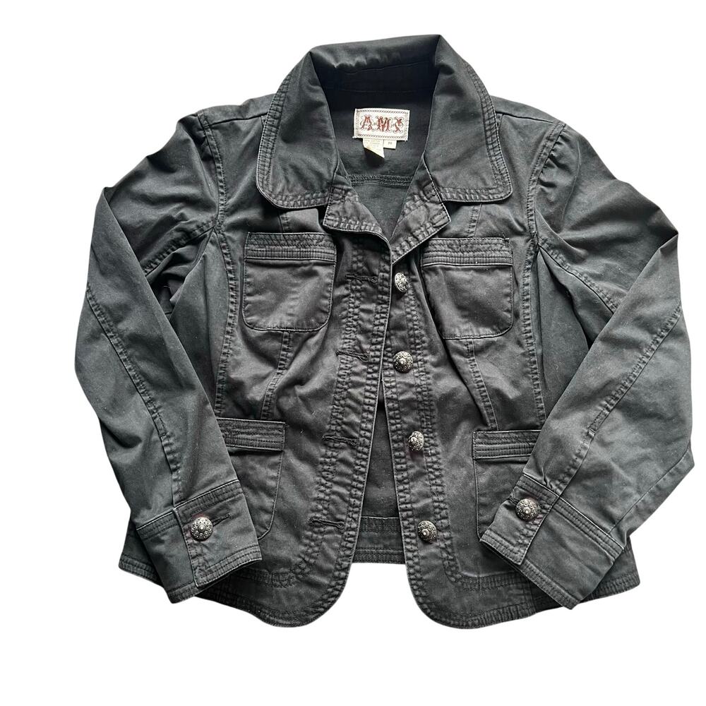 AMX Black Military Style Utility Jacket Ornate Silver Buttons | M